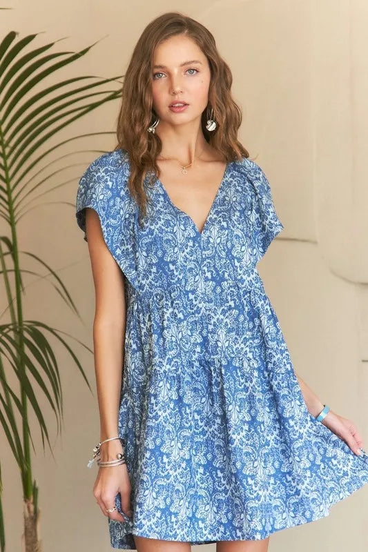 Image of ADORA Printed V-Neck Ruffle Sleeve Mini Dress | Queeble.shop