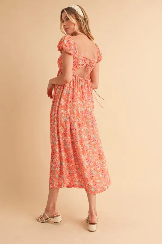 Image of Aemi + Co Cutout Back Floral Square Neck Puff Sleeve Midi Dress | Queeble.shop