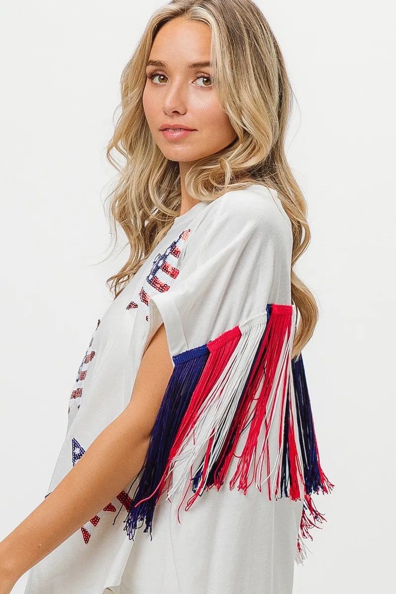 Image of BiBi American Flag Sequin Star Fringe Top | Queeble.shop