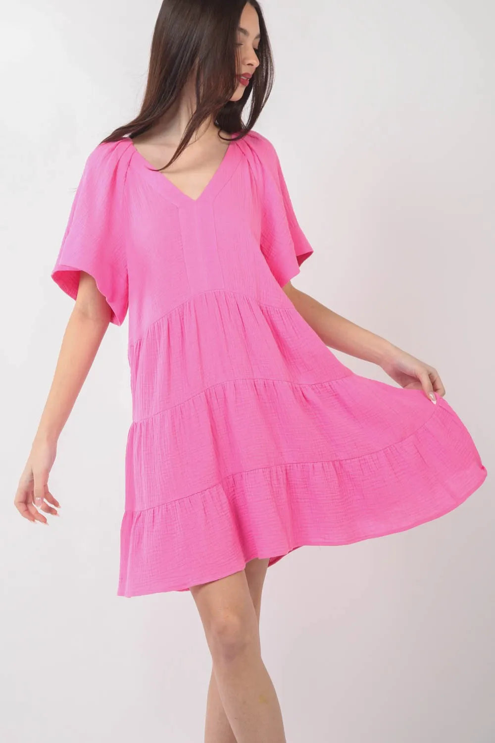 Image of VERY J Texture V-Neck Ruffled Tiered Dress | Queeble.shop
