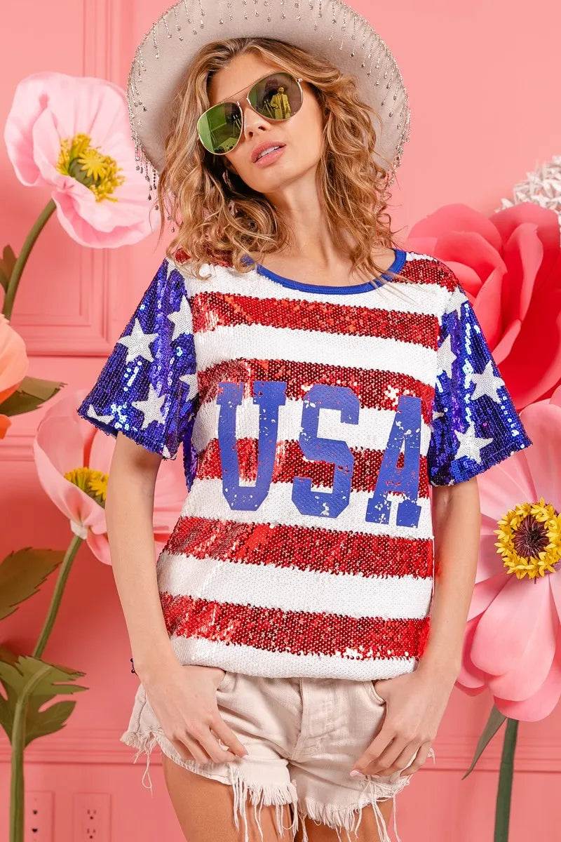 Image of BiBi American Flag Theme USA Lettering Sequin Top | Queeble.shop