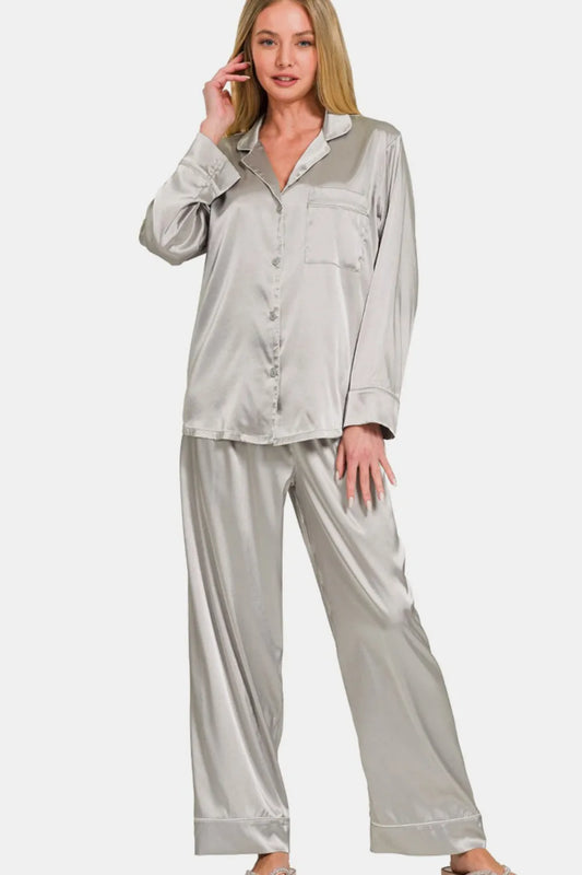 Image of Zenana Satin Long Sleeve Shirt and Pants Pajama Set | Queeble.shop