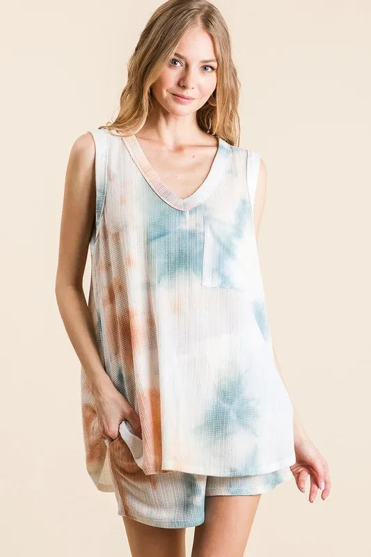 Image of BiBi Tie Dye Textured Knit Top and Shorts Set | Queeble.shop