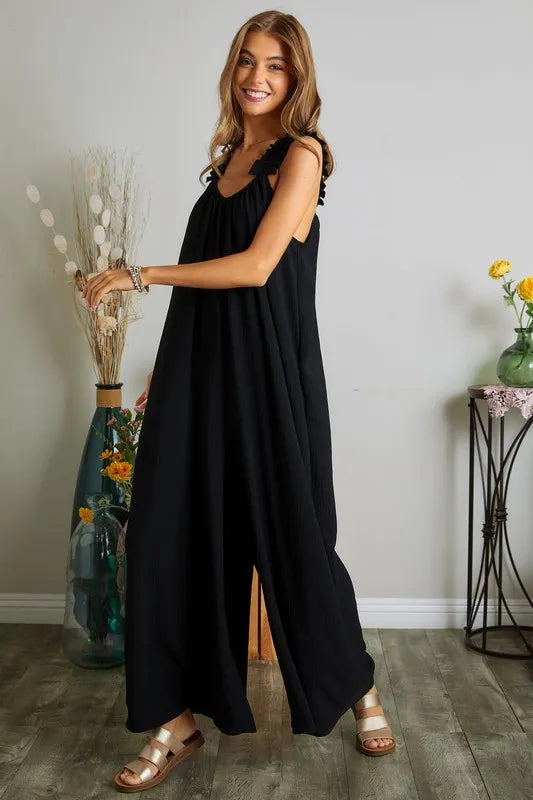 Image of ADORA Full Size Elastic Ruffle Shoulder Jumpsuit Plus Size | Queeble.shop