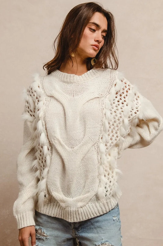 Image of BiBi Faux Fur Detailed Pointelle Cable Knit Sweater | Queeble.shop