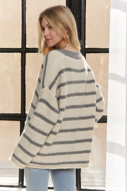 Image of ADORA Horizontally Striped Button Up Cardigan | Queeble.shop