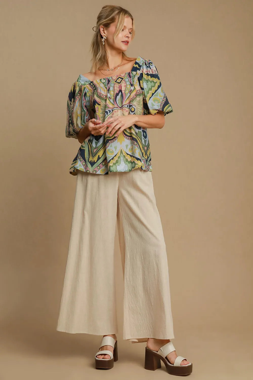 Image of Umgee Full Size Abstract Print Smocked Square Neck Puff Sleeve Blouse | Queeble.shop