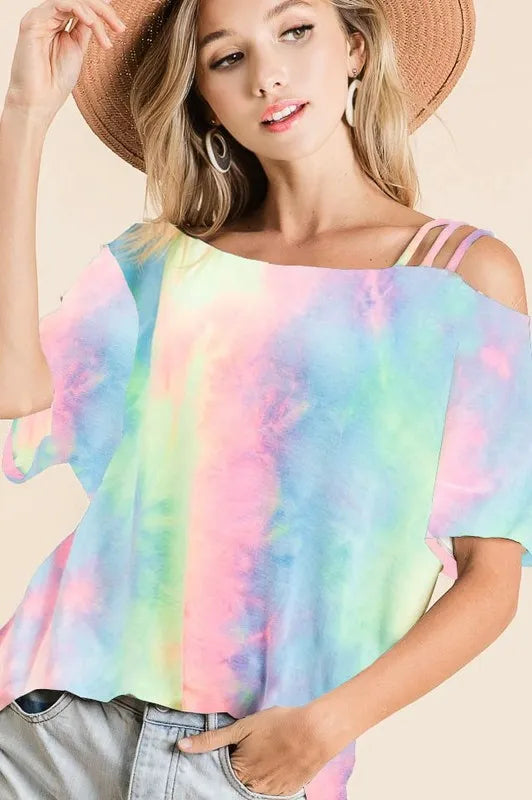 Image of BiBi Tie Dye French Terry Strapped One Shoulder Top | Queeble.shop