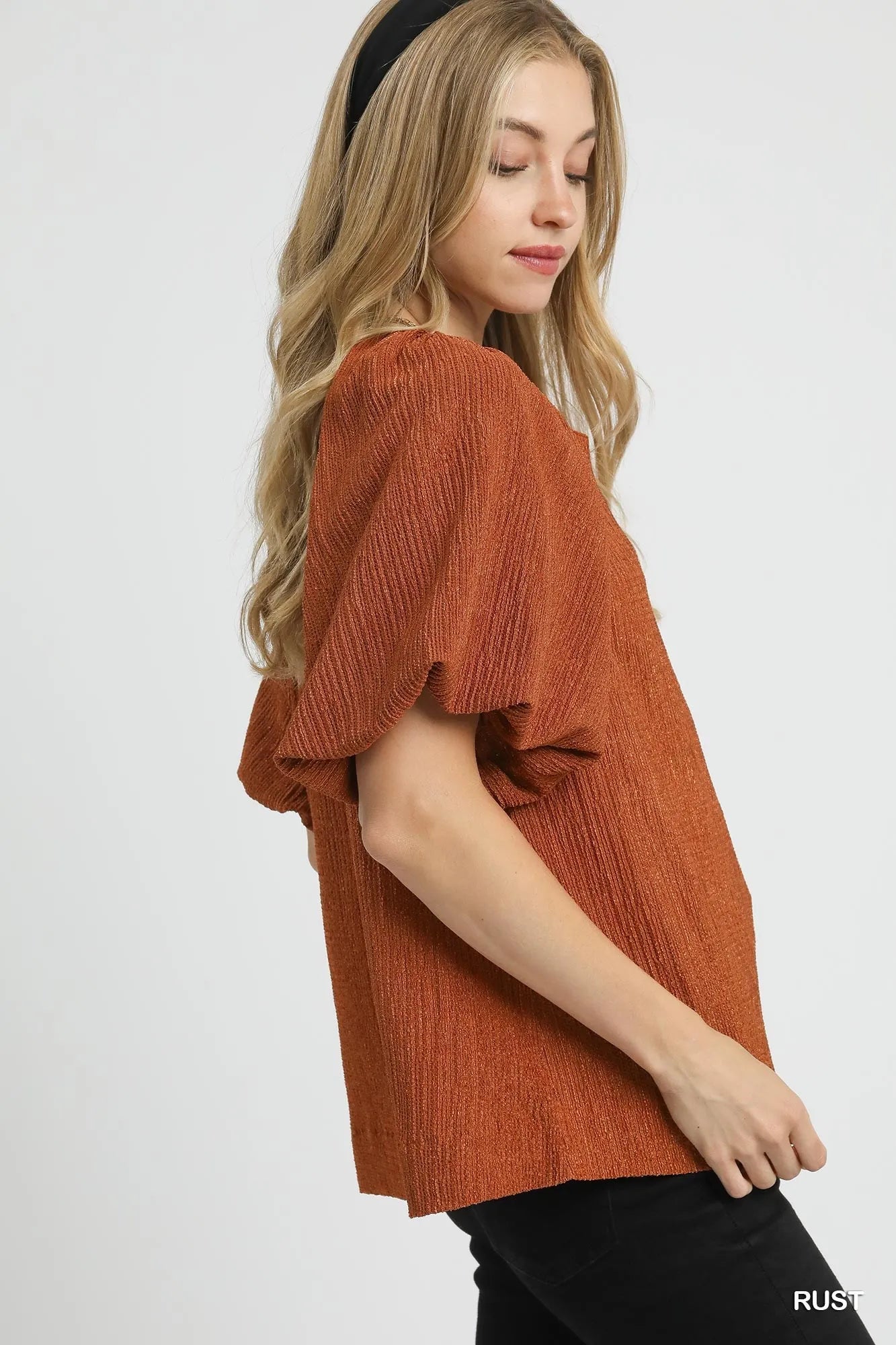 Image of Umgee Textured Flutter Sleeve Notch Neck Top | Queeble.shop
