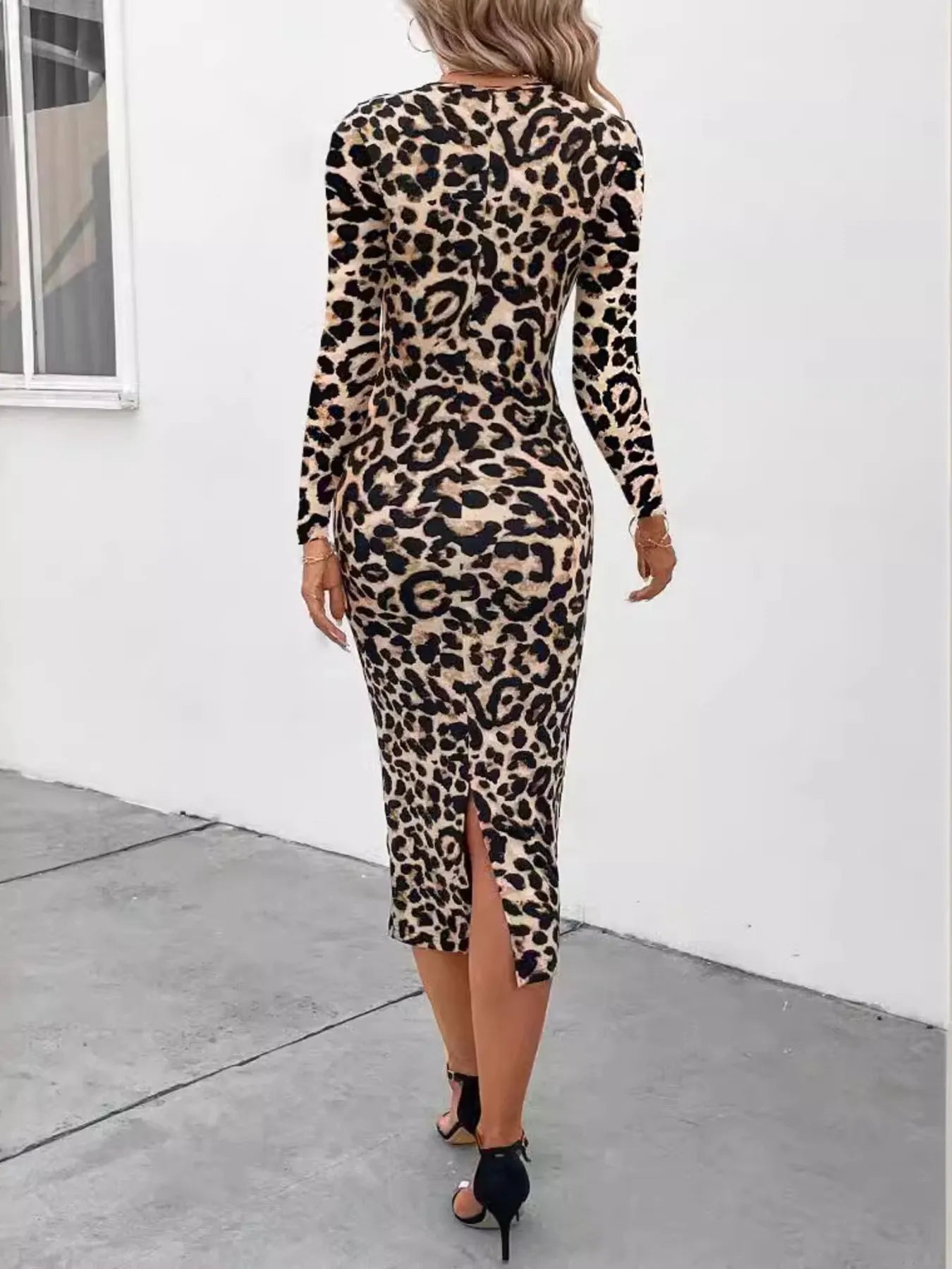 Image of Leopard Print Long Sleeve Bodycon Midi Dress | Queeble.shop