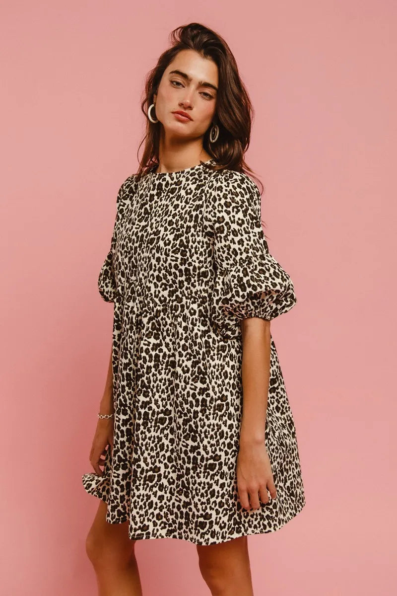 Image of BiBi Leopard Denim Dress With Back Contrast Tie Detail | Queeble.shop
