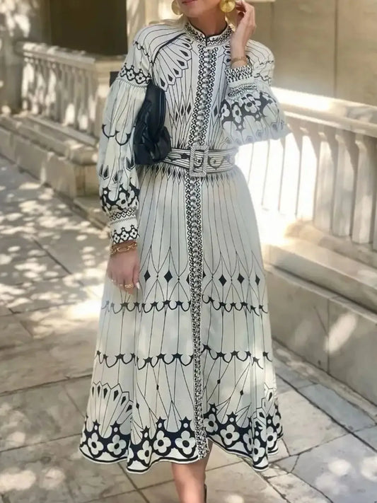 Image of Printed Long Sleeve Shirt Dress with Belt | Queeble.shop