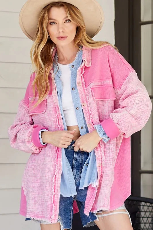 Image of Lime 'N' Chili Oversized Mineral Wash Cotton Gauze Shacket | Queeble.shop