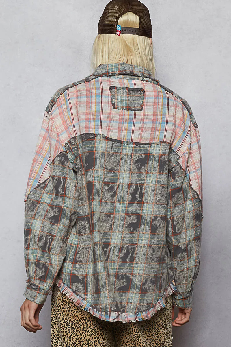 Image of POL Plaid Patchwork Long Sleeve Shirt with Raw Edge Detail | Queeble.shop