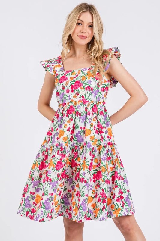 Image of Mittoshop Flower Print Ruffle Shoulder A-line Mini Dress | Queeble.shop