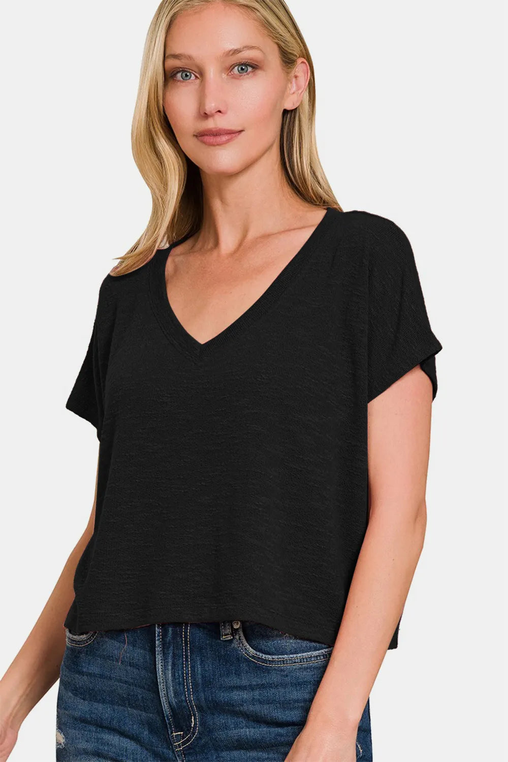 Image of Zenana V-Neck Short Sleeve Crop T-Shirt | Queeble.shop
