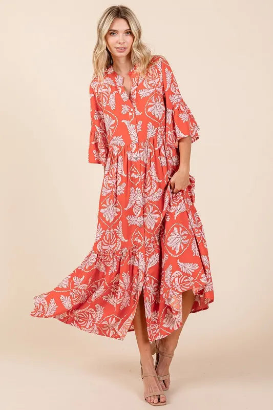 Image of Mittoshop Abstract Leaf Print Tiered Ruffle Dress | Queeble.shop