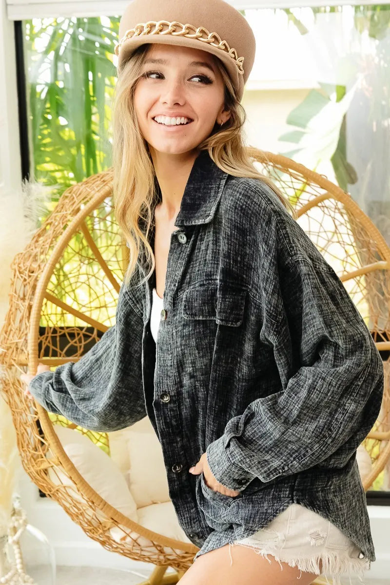 Image of BiBi Vintage Washed Wrinkle Gauze Shacket | Queeble.shop