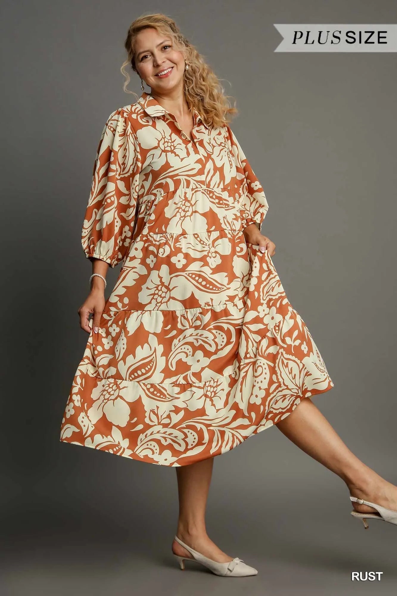 Image of Umgee Full Size Floral Tiered Midi Shirt Dress Plus Size | Queeble.shop
