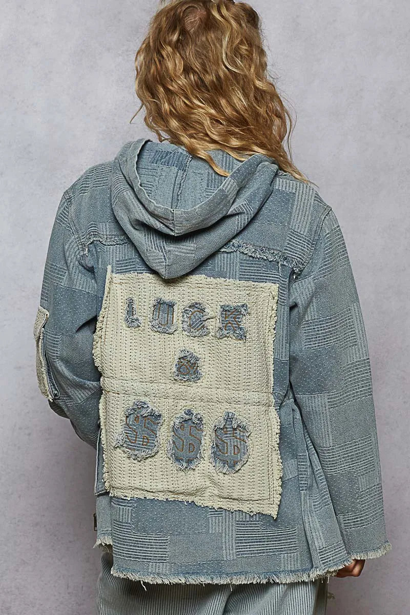 Image of POL Raw Hem Drawstring Zip Up Hooded Denim Jacket | Queeble.shop