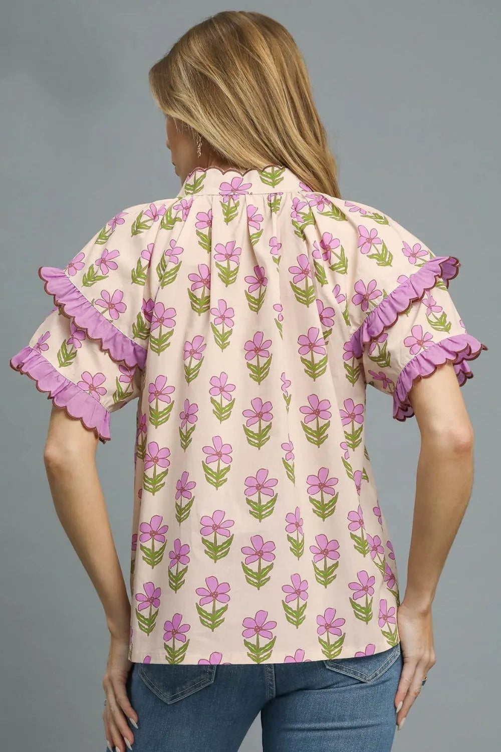 Image of Umgee Floral Print Ruffle Short Sleeve Blouse | Queeble.shop
