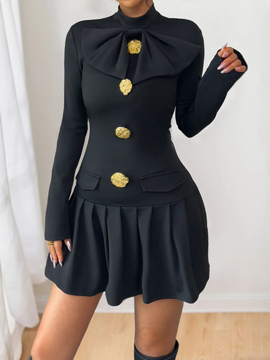 Image of Decorative Button Mock Neck Long Sleeve Mini Dress | Queeble.shop
