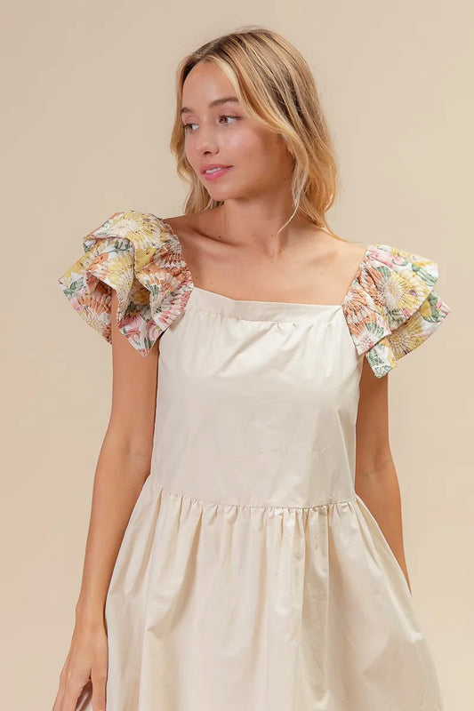 Image of BiBi Flower Embroidered Floral Print Sleeve Dress | Queeble.shop