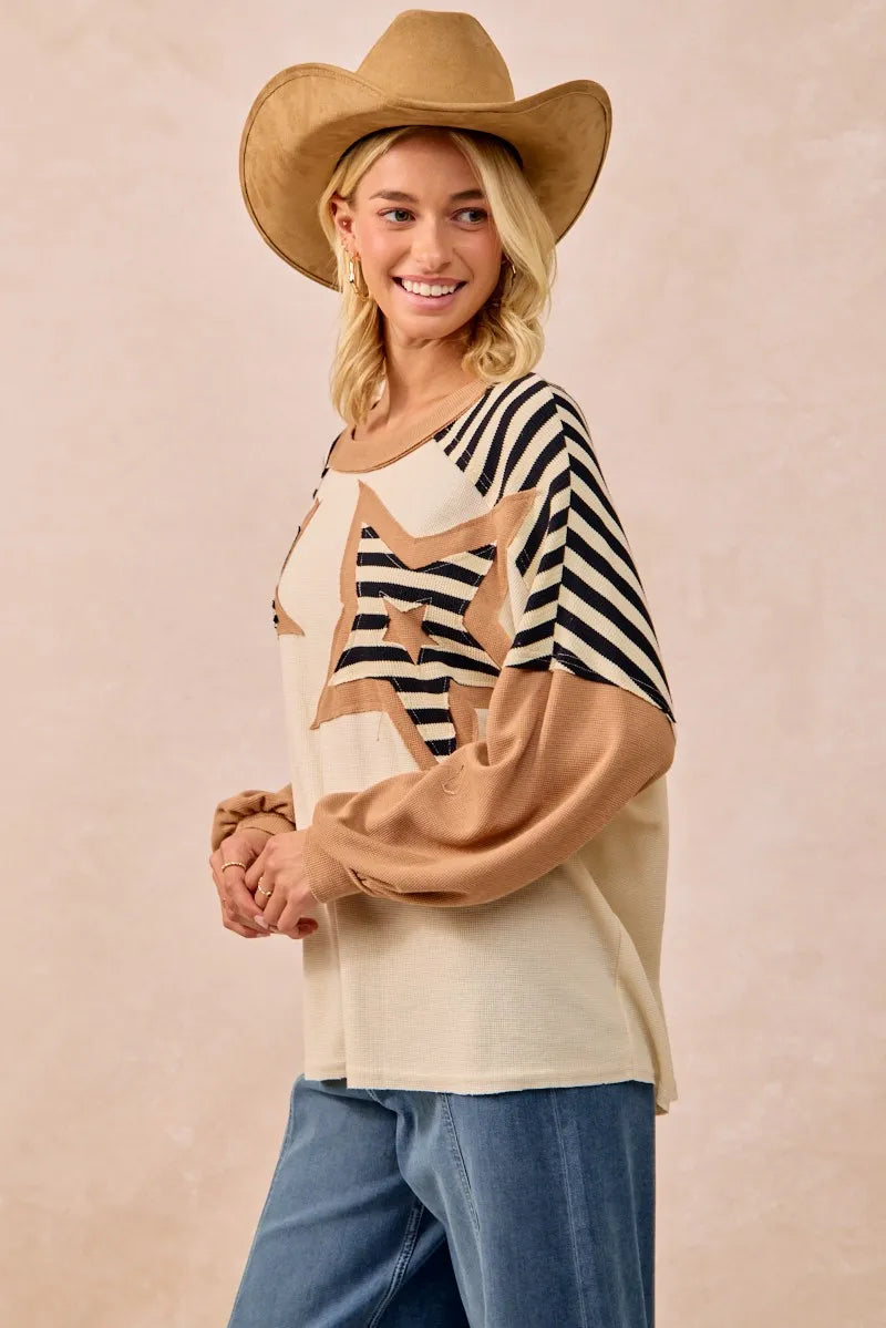 Image of BiBi Star Patchwork Mixed Long Sleeve Top | Queeble.shop