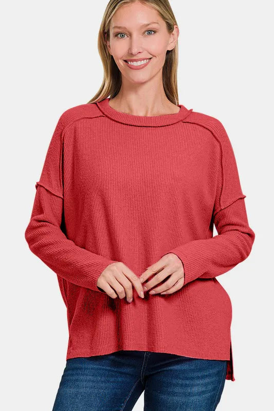 Image of Zenana Full Size Exposed Seam Brushed Round Neck Sweater | Queeble.shop
