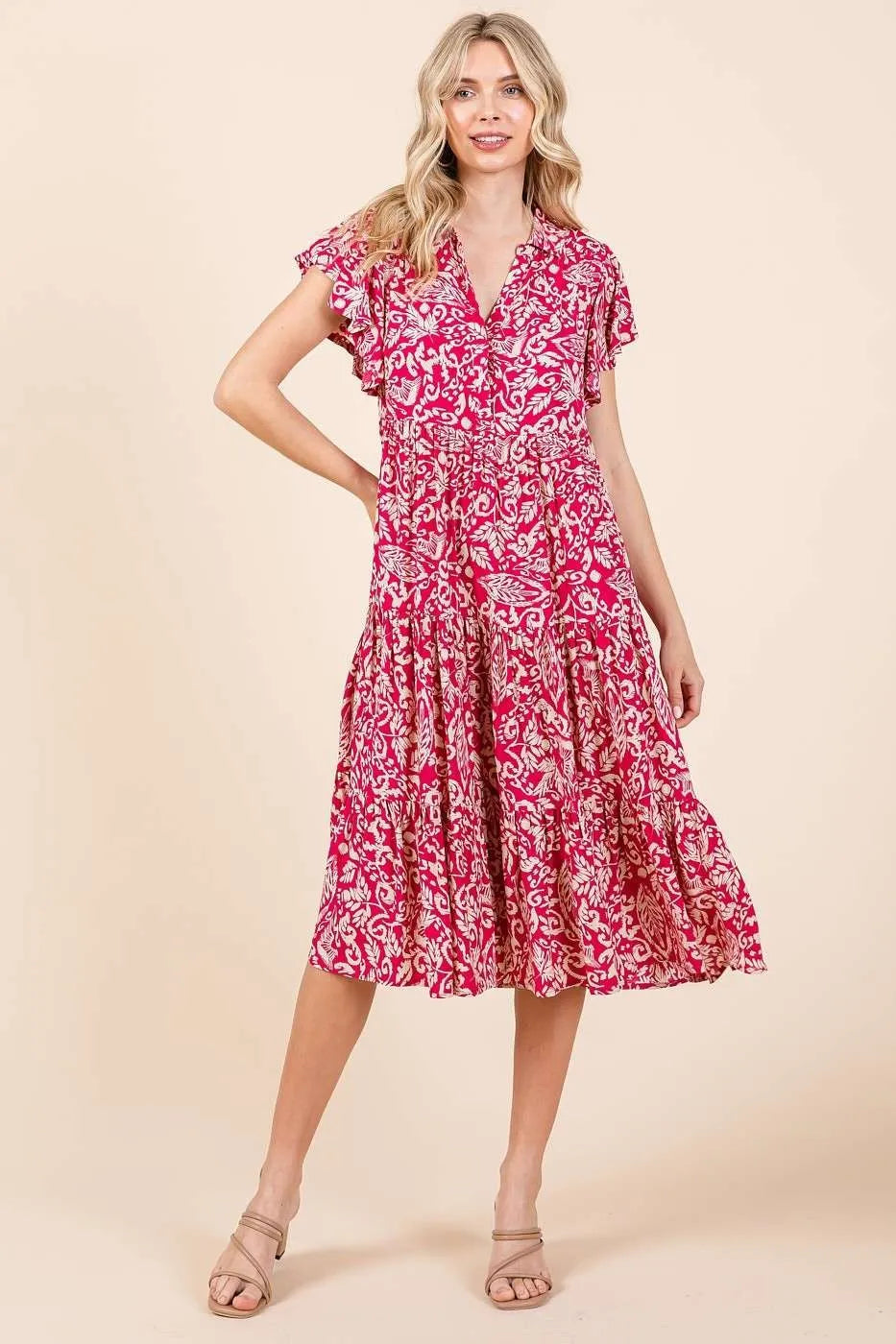 Image of Mittoshop Abstract Print Ruffle Tier Midi Dress | Queeble.shop