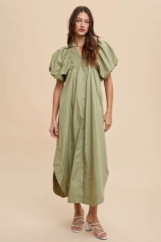 Image of Annie Wear Smocked Puff Sleeve Midi Dress | Queeble.shop