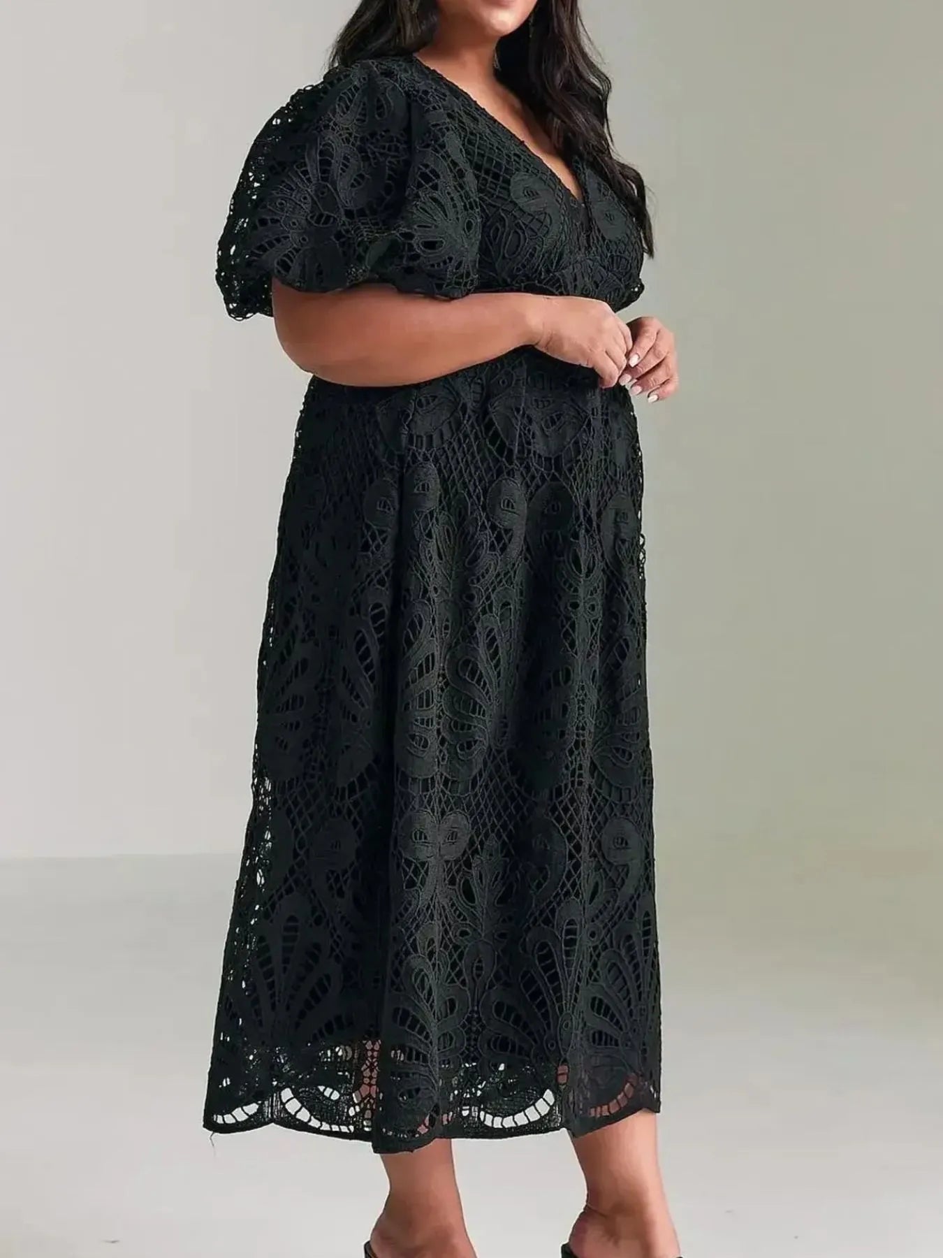 Image of Lace V-Neck Midi Dress with Puff Sleeves | Queeble.shop