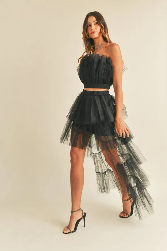 Image of MABLE Tulle Tube Ruffle Crop Top and High Low Maxi Skirt Set | Queeble.shop