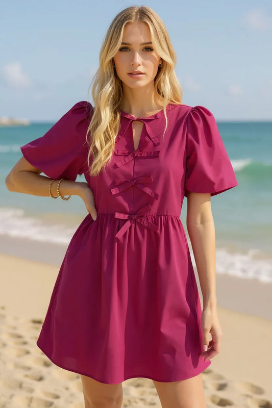 Image of Oh Bow Ruched Puff Sleeve Mini Dress | Queeble.shop