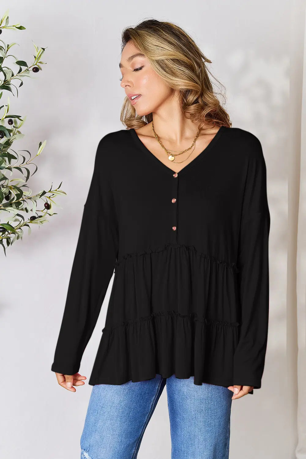Image of Double Take Half Button Long Sleeve Ruffle Hem Blouse | Queeble.shop