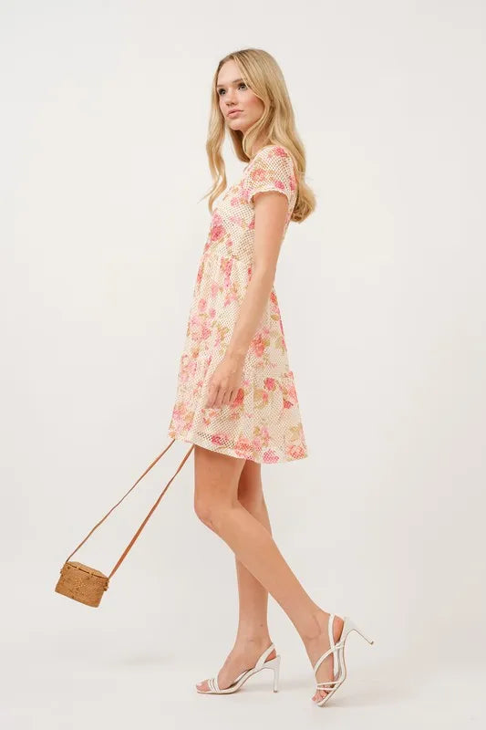 Image of And The Why Square Neck Tiered Floral Fishnet Dress | Queeble.shop