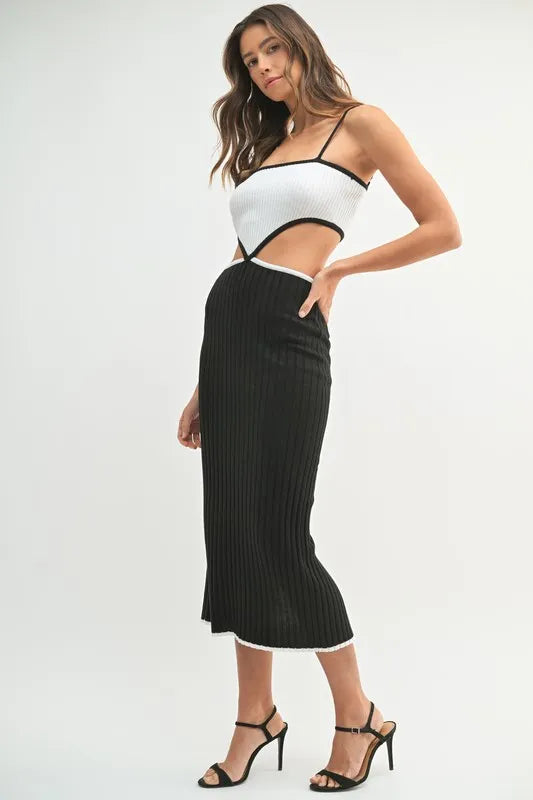 Image of MABLE Ribbed Knit Color Block Cutout Midi Dress | Queeble.shop