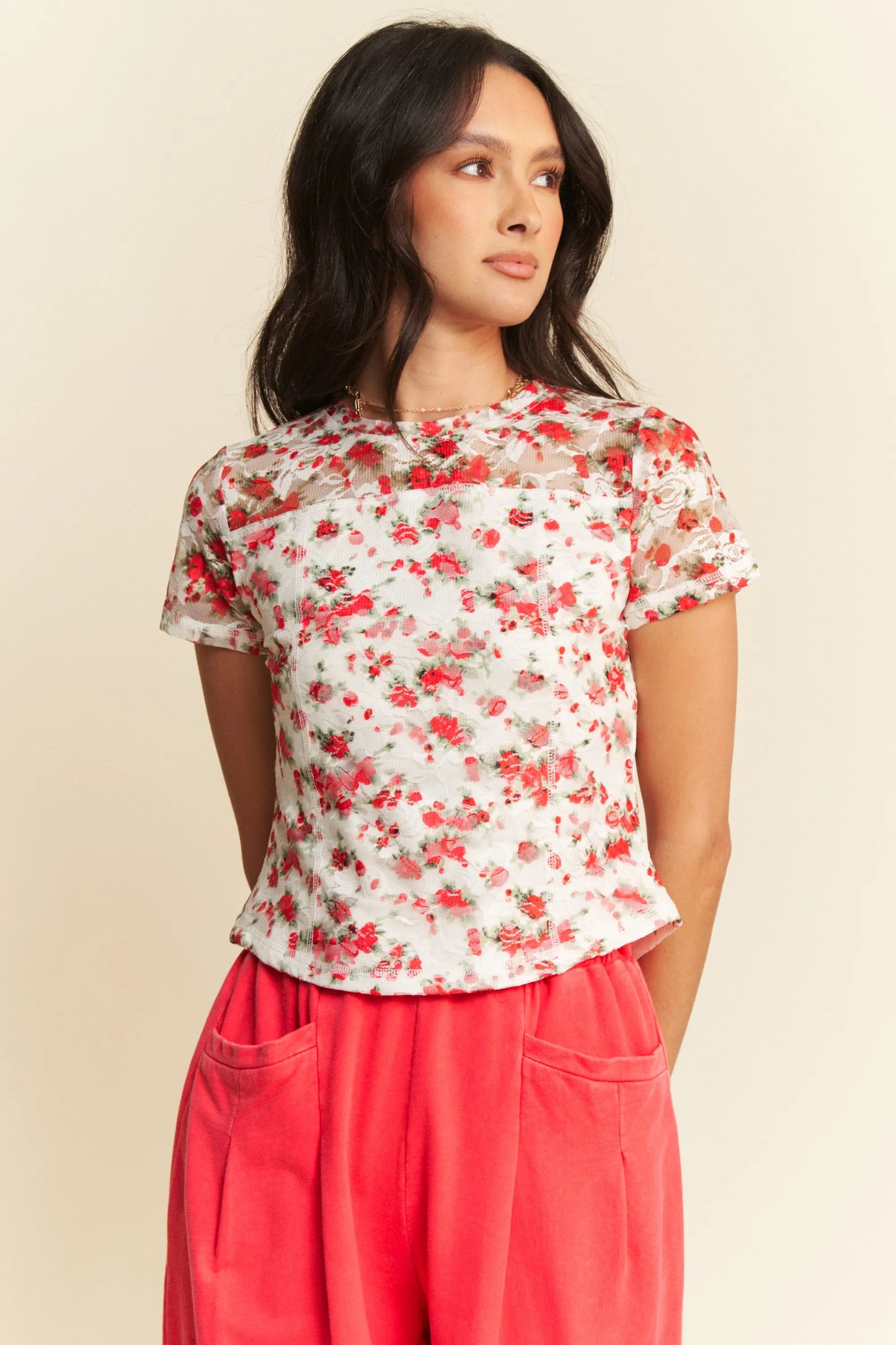 Image of Davi & Dani Ribbon Short Sleeve Layered Mesh Top | Queeble.shop