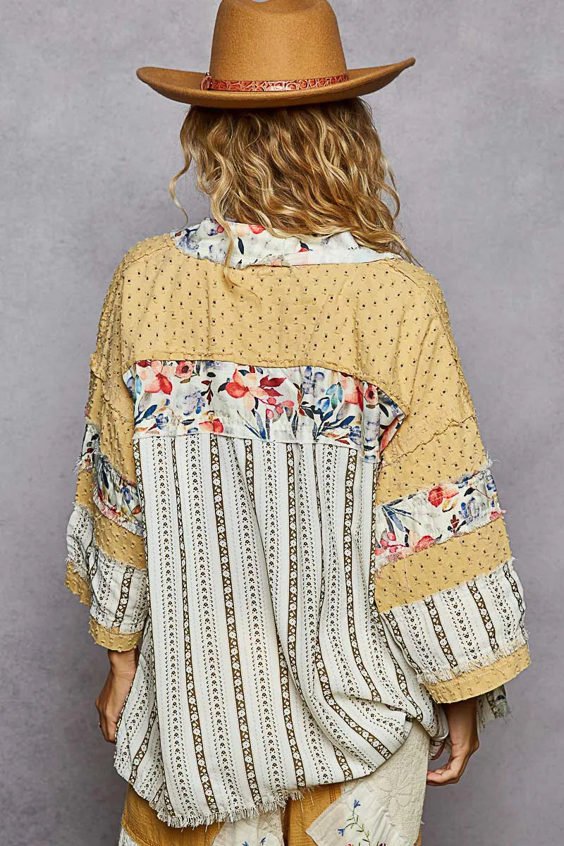 Image of POL Raw Edge Open Front Patchwork Cardigan with Floral Trim | Queeble.shop