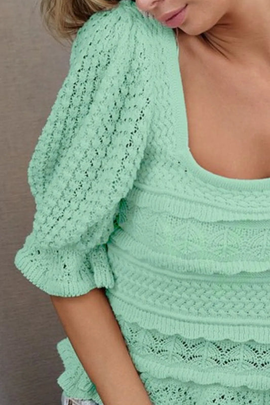 Image of BiBi Square Neckline with Puff Sleeve Crochet Top | Queeble.shop