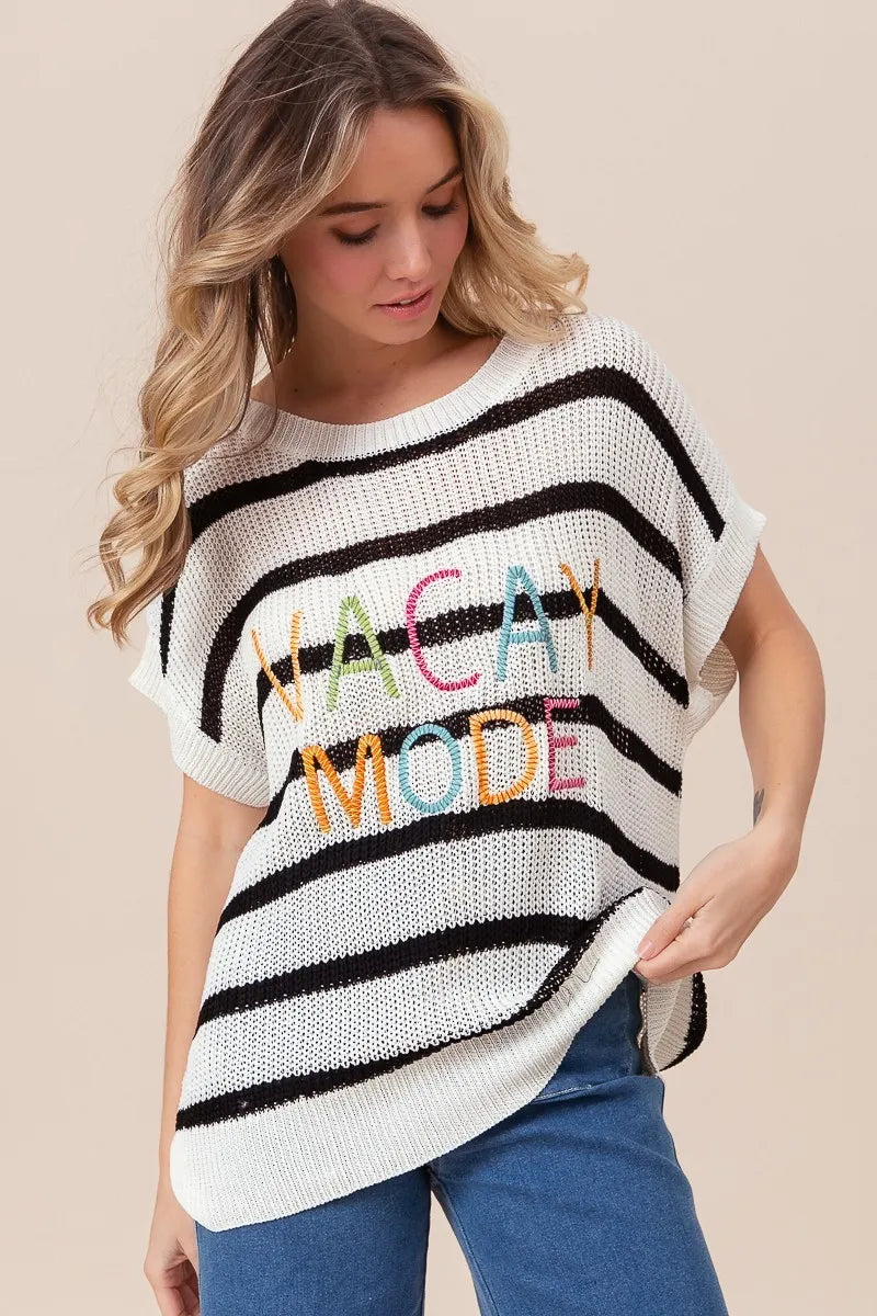 Image of BiBi Vacay Mode Lettering Drop Shoulder Striped Sweater | Queeble.shop