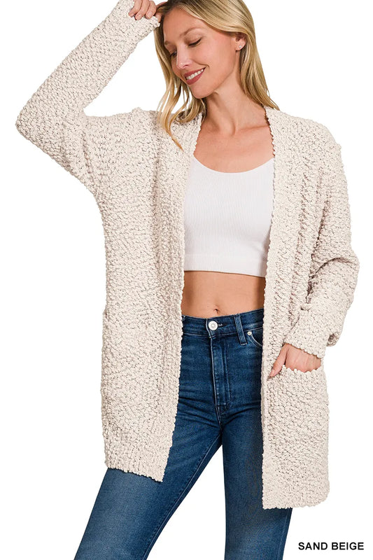 Image of Zenana Long Sleeve Popcorn Sweater Cardigan with Pockets | Queeble.shop