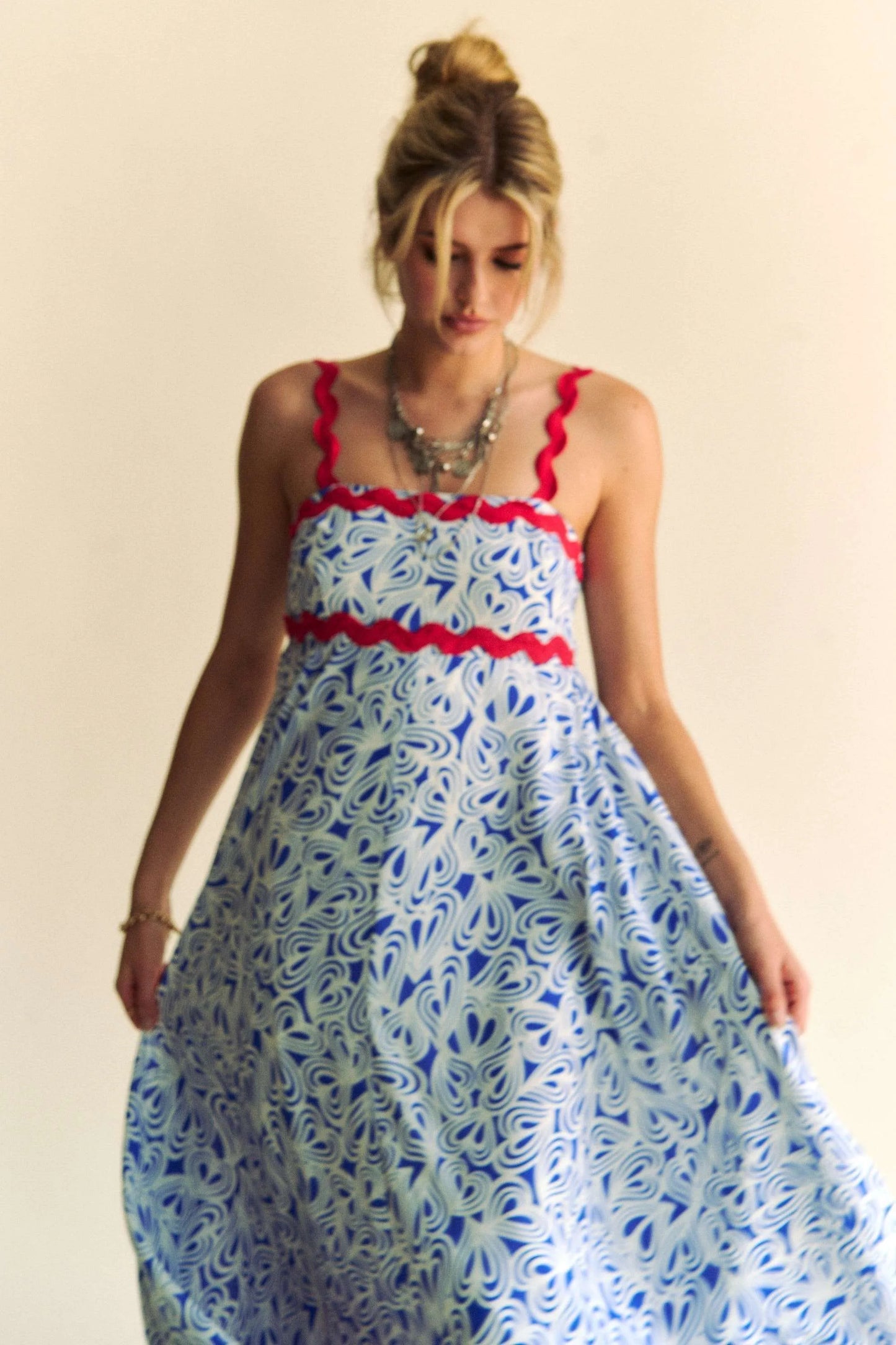 Image of Davi & Dani Geo 2 Tone Printed Wavi Trim Tiered Maxi Dress | Queeble.shop