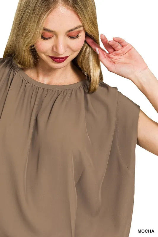 Image of Zenana Woven Drawstring Tie Side Sleeveless Top | Queeble.shop
