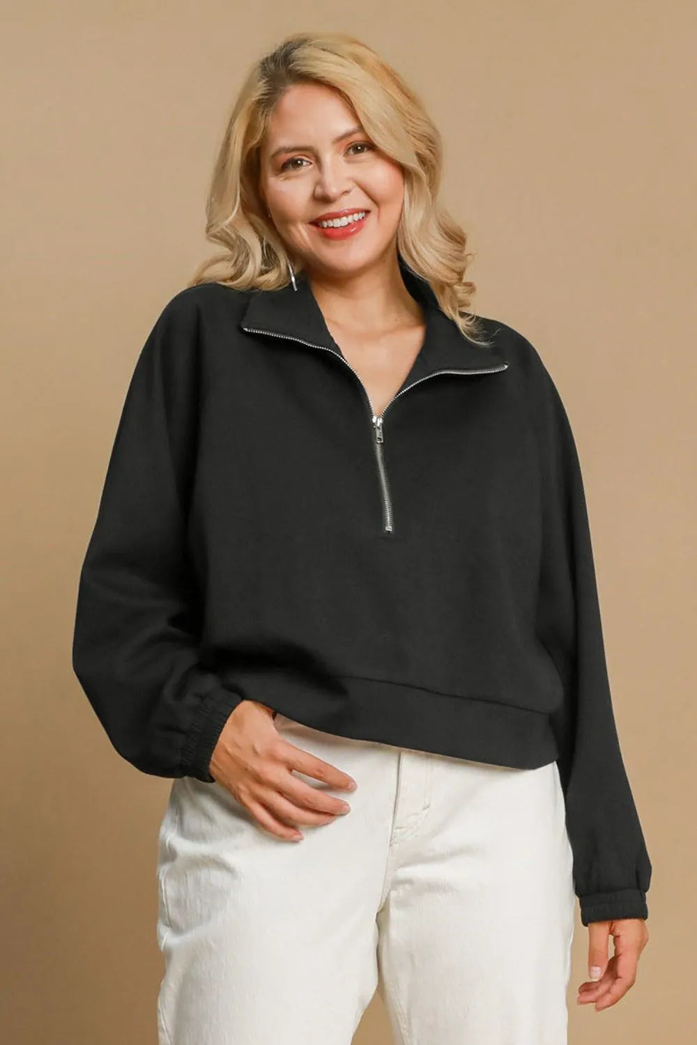 Image of Umgee Full Size Half Zip Cropped Sweatshirt Plus Size | Queeble.shop