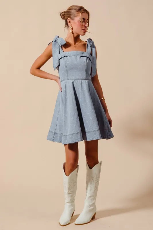 Image of SO ME A Line Fit and Flare Diamond Bow Ribbon Denim Dres | Queeble.shop