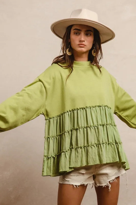 Image of BiBi French Terry and Woven Mixed Tiered Top | Queeble.shop