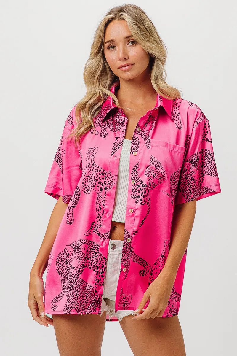 Image of BiBi Leopard Print Short Sleeve Silky Satin Shirt Top | Queeble.shop