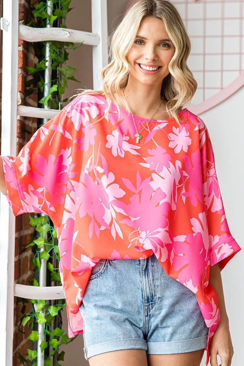 Image of First Love Slit Printed Round Neck Half Sleeve Blouse | Queeble.shop