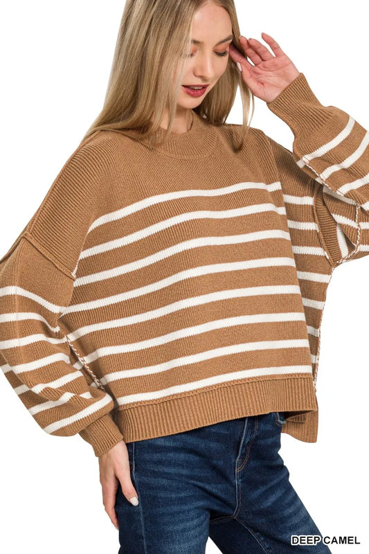 Image of Zenana Exposed Seam Striped Oversized Sweater | Queeble.shop